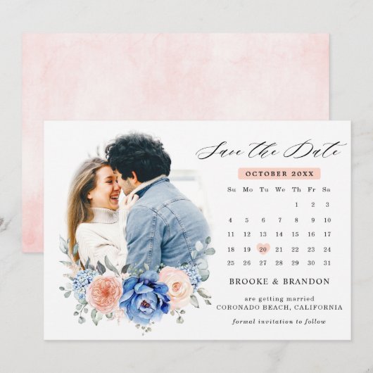 Trouwfoto met Navy Blue Leisteen Stof Blush Bloeme Save The Date (Voorkant / Achterkant)