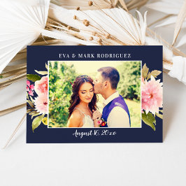 Trouwfoto met Navy Roze Watercolor Bloemen Bedankkaart