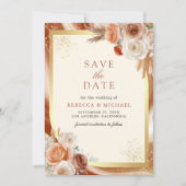 Trouwfoto met QR-code en terracotta bloemmotief in Save The Date (Voorkant)