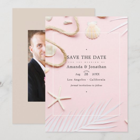 Trouwfoto met roze blosstrand save the date (Voorkant / Achterkant)