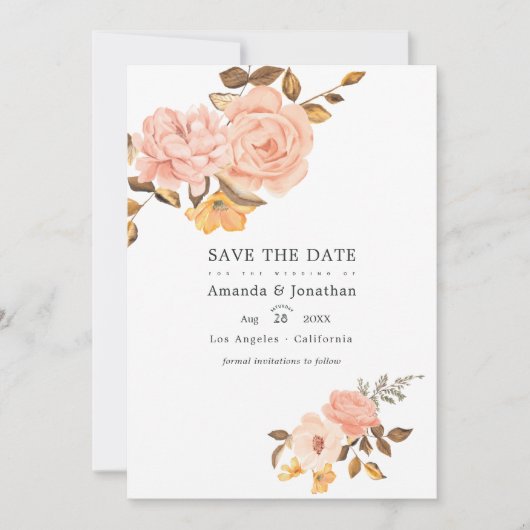 Trouwfoto met roze en gouden bloemen save the date (Voorkant)