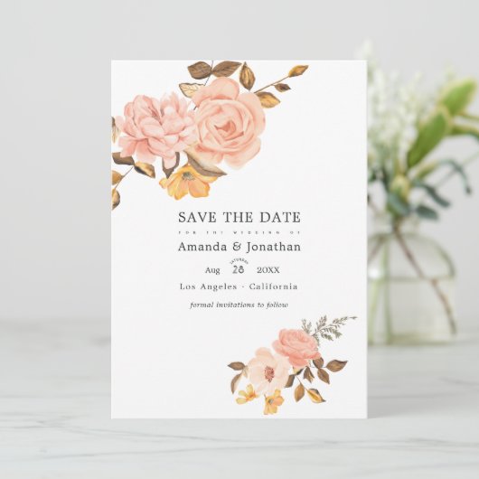 Trouwfoto met roze en gouden bloemen save the date (Staand voorkant)