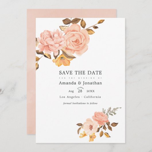 Trouwfoto met roze en gouden bloemen save the date (Voorkant / Achterkant)