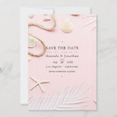 Trouwfoto met roze strandbloos save the date (Voorkant)