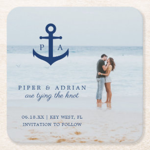 Trouwfoto met scheepsanker Save the Date Kartonnen Onderzetters