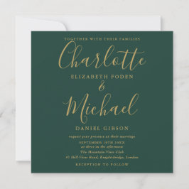 Trouwfoto met smaragdgroen en gouden schrift kaart