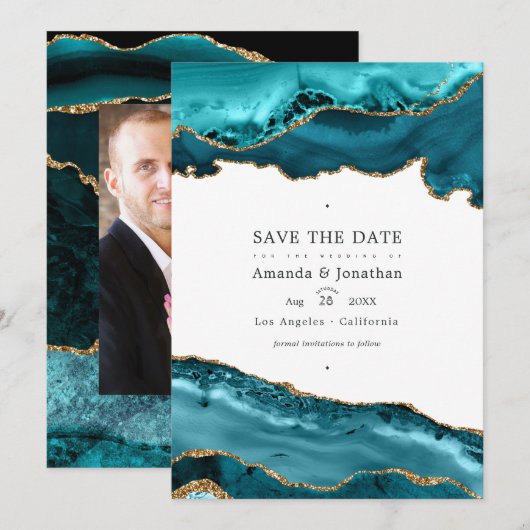 Trouwfoto met Teal en Goud Agate Save The Date (Voorkant / Achterkant)