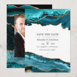 Trouwfoto met Teal en Goud Agate Save The Date