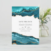 Trouwfoto met turkoois en gouden agaat save the date (Staand voorkant)
