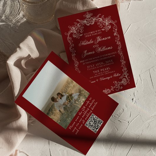 Trouwfoto met vintage Bourgondië QR-code Kaart