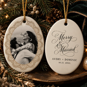 Trouwfoto met vintage ivoorkleurige kant Merry & M Keramisch Ornament