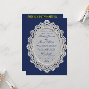 Trouwfoto met vintage Navy Blue kant en QR-code Kaart
