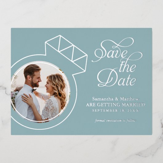 Trouwfoto met zeeglasblauw Save the Date-foto Folie Uitnodiging Briefkaart (Voorkant)