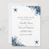 Trouwfoto met zeester in marineblauw save the date (Voorkant)