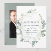 Trouwfoto met zilver salie en eucalyptus geometris save the date (Voorkant / Achterkant)
