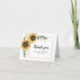 Trouwfoto met zonnebloemen en eucalyptus in bloemm bedankkaart