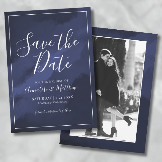 Trouwfoto Navy Blauw Save The Date Kaart