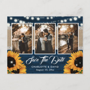 Trouwfoto Navy Blauwe Zonnebloem Save The Date Aankondigingskaart