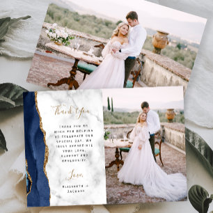 Trouwfoto Navy Blue Agate Gouden Script Marmer Bedankkaart