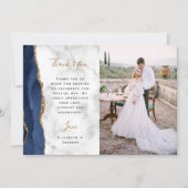 Trouwfoto Navy Blue Agate Gouden Script Marmer Bedankkaart (Voorkant)