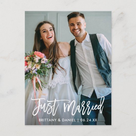 Trouwfoto Net Getrouwd Borstel Schrift Modern Briefkaart (Voorkant)