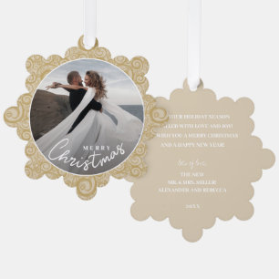 Trouwfoto op Gold Swirl Christmas Ornament Kaart