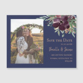 Trouwfoto opslaan in Navy Plum Blush Bloem - Save  Magnetische Uitnodiging (Voorkant)