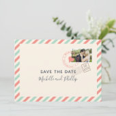 Trouwfoto opslaan vintage luchtpost save the date (Staand voorkant)