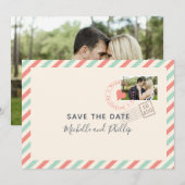 Trouwfoto opslaan vintage luchtpost save the date (Voorkant / Achterkant)