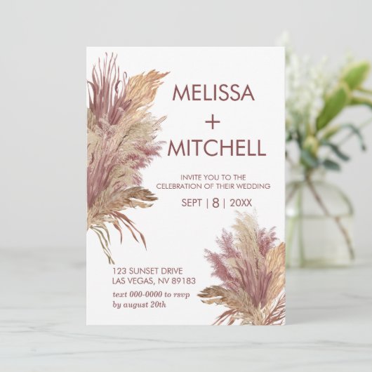 Trouwfoto Pampas Grass Elegance Mauve Roze Kaart (Staand voorkant)