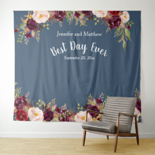 Trouwfoto Prop Waterverf Burgundy Bloem Blauw Wandkleed