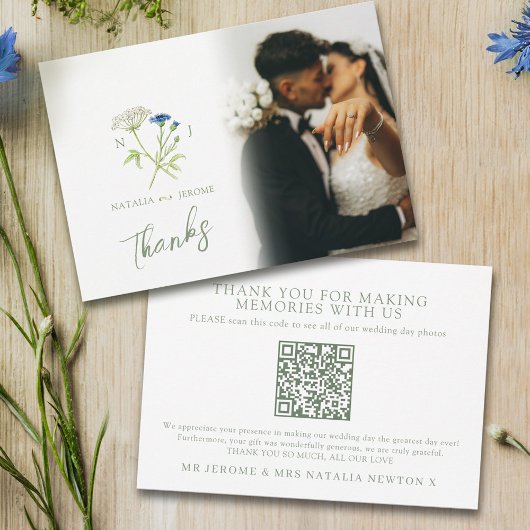 Trouwfoto QR-code met wildbloemenmonogram Bedankkaart