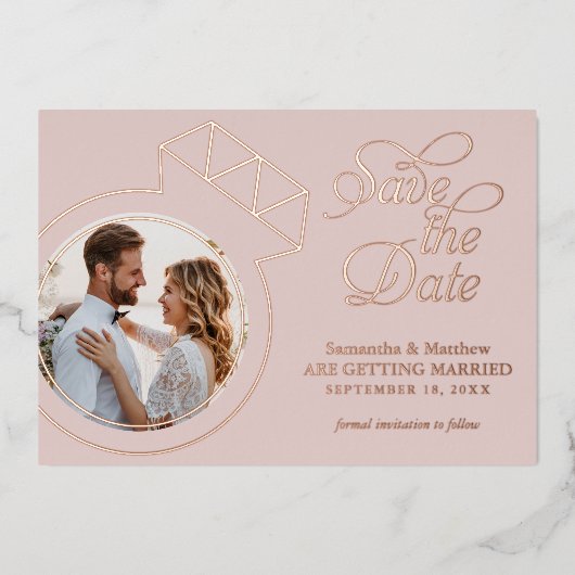 Trouwfoto 'Save The Date' in Blush Roze Folie Uitnodiging (Voorkant)