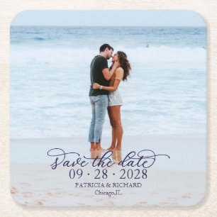 Trouwfoto Save the Date met marineblauwe kalligraf Kartonnen Onderzetters