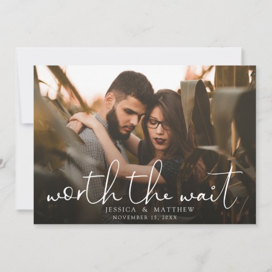 Trouwfoto-script 'Waard de Wachttijd' moderne over Save The Date (Voorkant)