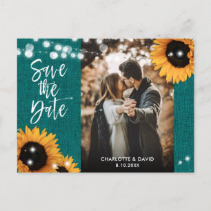 Trouwfoto Turquoise Zonnebloem Save the Date Aankondigingskaart