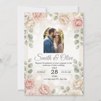 Trouwfoto uitnodiging met waterverf roze bloemen