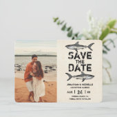 Trouwfoto van haaienstrand in vintage stijl save the date (Staand voorkant)