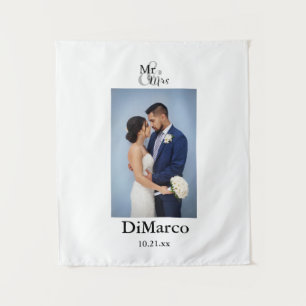 Trouwfoto van mijnheer en mevrouw met naam en datu wandkleed