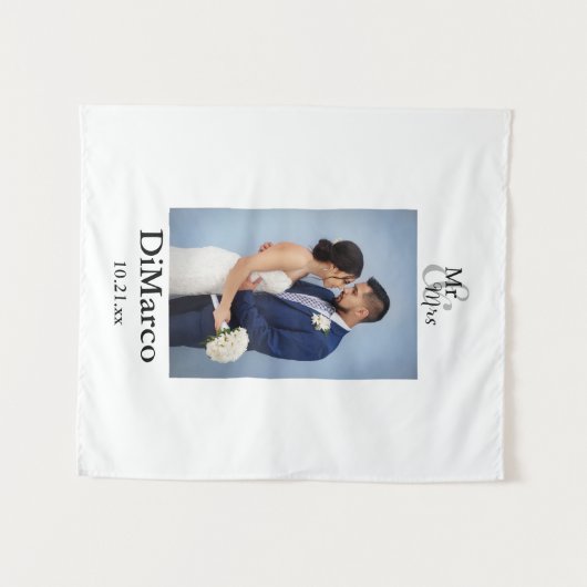 Trouwfoto van mijnheer en mevrouw met naam en datu wandkleed (Voorkant (horizontaal))