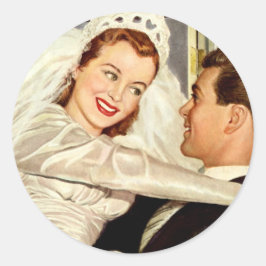 Trouwfoto van pasgetrouwden, gelukkige bruid en br ronde sticker