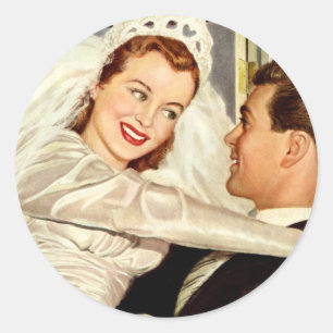 Trouwfoto van pasgetrouwden, gelukkige bruid en br ronde sticker