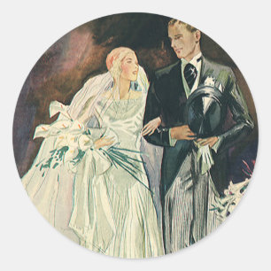 Trouwfoto van pasgetrouwden, gelukkige bruid en br ronde sticker