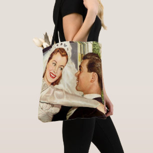 Trouwfoto van pasgetrouwden, gelukkige bruid en br tote bag