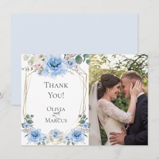 Trouwfoto | Watercolor Blauwe Pioen Bloemen Bedankkaart (Voorkant / Achterkant)