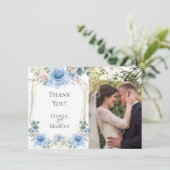 Trouwfoto | Watercolor Blauwe Pioen Bloemen Bedankkaart (Staand voorkant)