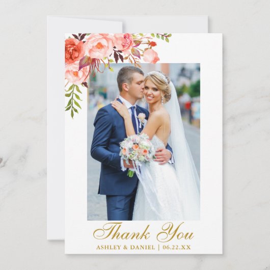 Trouwfoto Waterverf Koraal Bloemen Goud Bedankkaart (Voorkant)