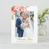 Trouwfoto Waterverf Koraal Bloemen Goud Bedankkaart (Staand voorkant)