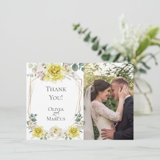 Trouwfoto | Waterverf Yellow Peony Flowers Bedankkaart (Staand voorkant)