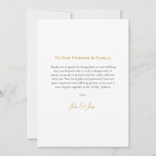 Trouwfoto witte gradiënt, gouden script bruiloft bedankkaart (Achterkant)